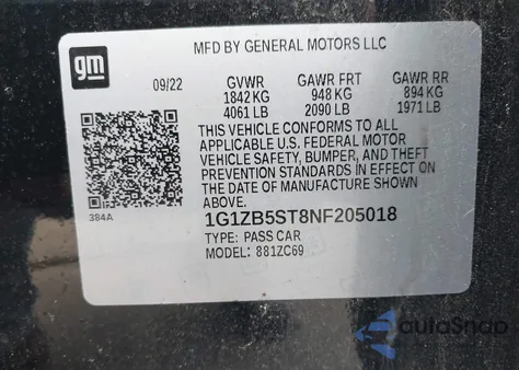 2022 Chevrolet Malibu Fwd Ls z USA, uszkodzony, nr VIN 1G1ZB5ST8NF205018